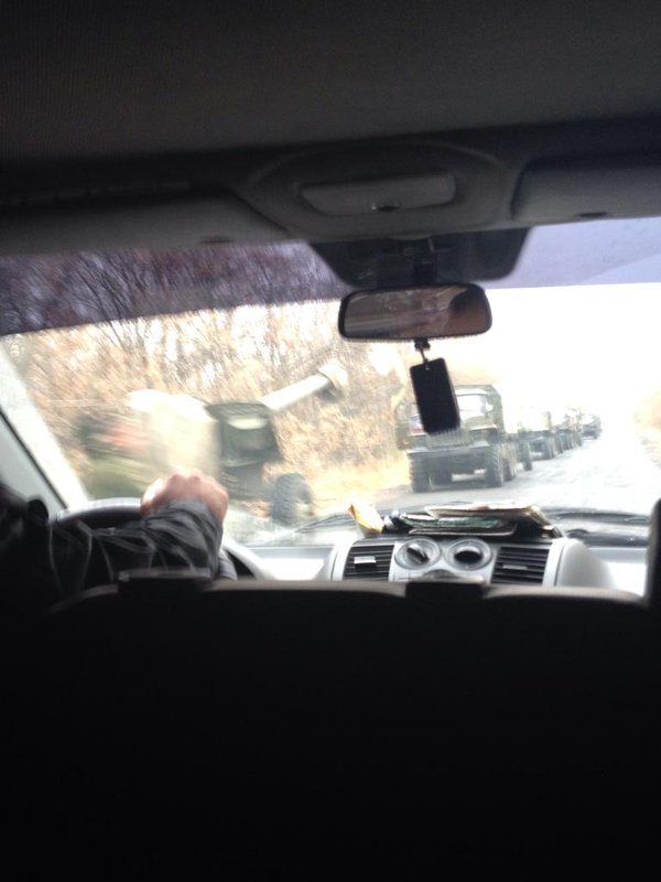 Military convoy on the road from Makiivka to Donetsk