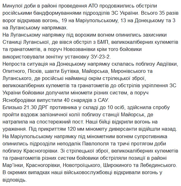 35 ceasefire violations yesterday at Donbass