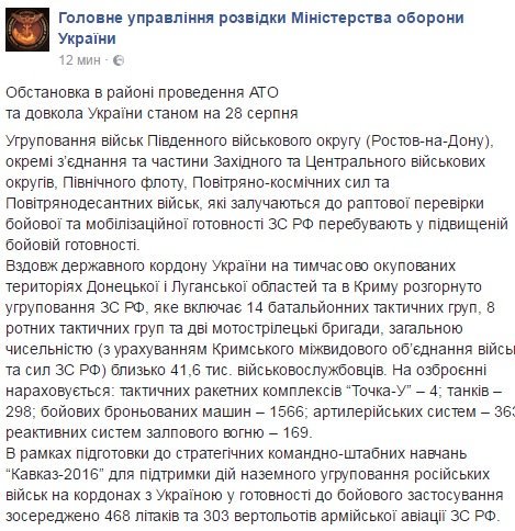 Ukrainian Military intelligence: Russia deployed 41600 troops, 4 Tochka-U, 298 MBTs, 1566 armored vehicles, 363 artillery units, 169 MLRS, 468 planes, 303 helicopters in Crimea