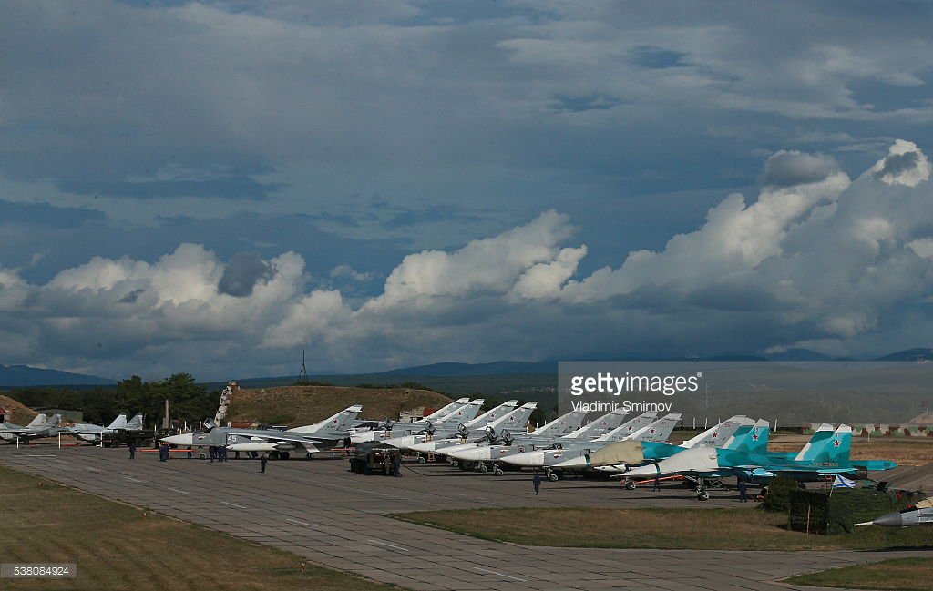 Russian MiG29, Su24, Su27, Su30, Su34 and ukrainian MiG29 at a Belbek airbase, Sevastopol