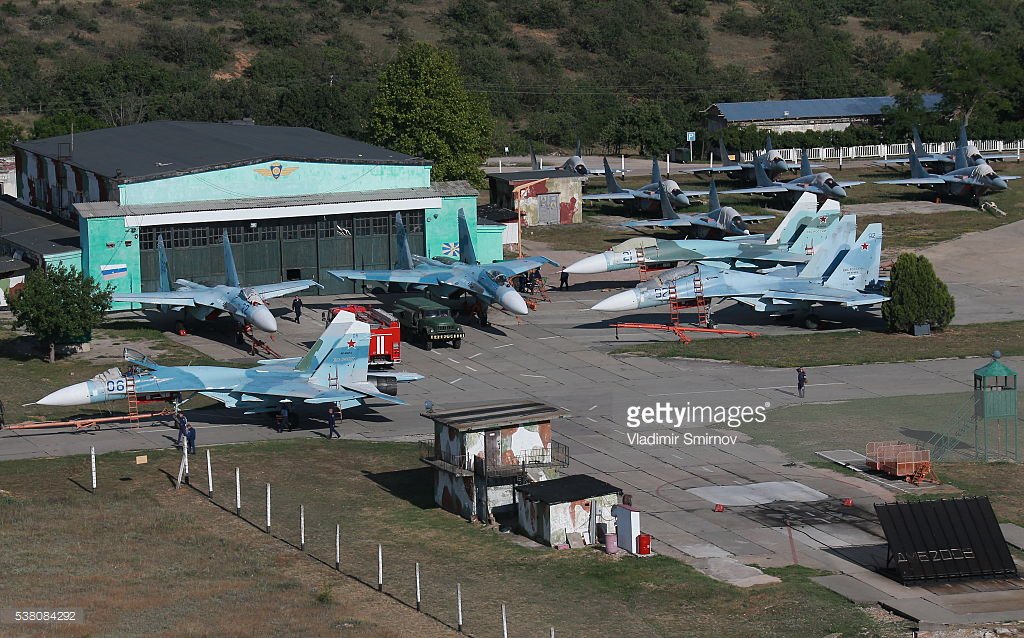 Russian MiG29, Su24, Su27, Su30, Su34 and ukrainian MiG29 at a Belbek airbase, Sevastopol