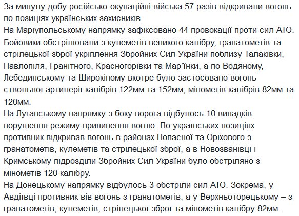 ATO HQ: RU forces 57 times violated ceasefire, 44 times – in Mariupol direction. Shelling with 82&120mm mortars, 122&152mm artillery in Vodyane, Shyrokyne&Lebedynske