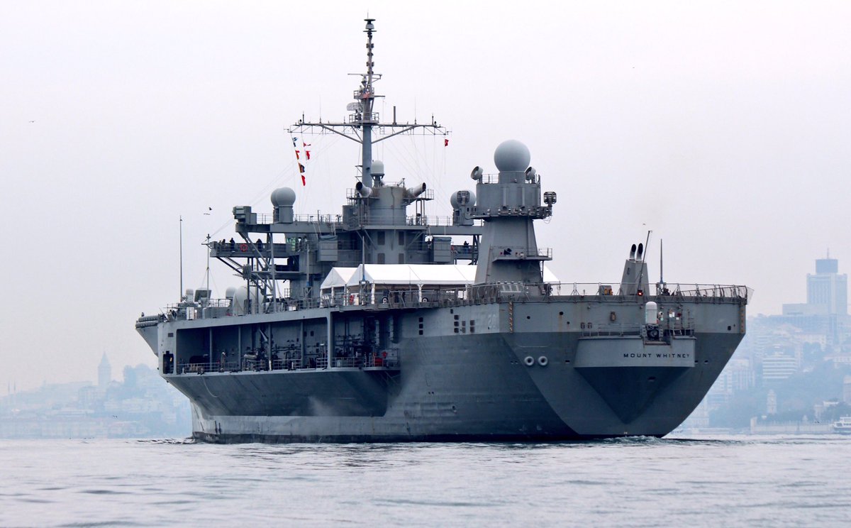 Flagship of @USNavyEurope , Blue Ridge class commandship USS Mount Whitney LCC20 departs the BlackSea  and  transits Bosphorus 