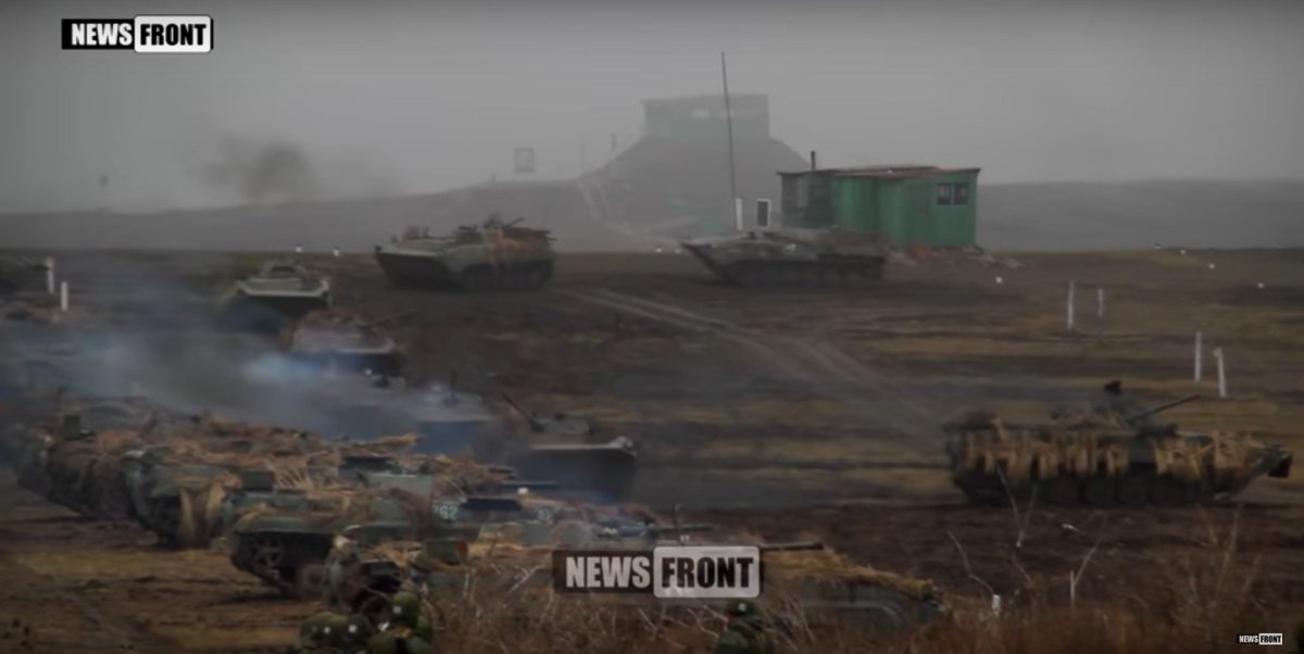 Military drills in occupied Luhansk region in eastern Ukraine. All arms, vehicles from Russia
