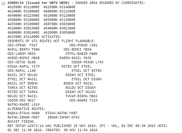NOTAMS - flights prohibited over Black Sea on December 1-2: A3044/16 and A3045/16  