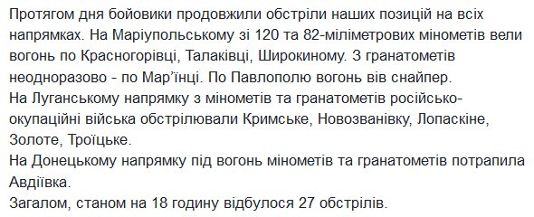 27 ceasefire violations before 6 pm at Donbas