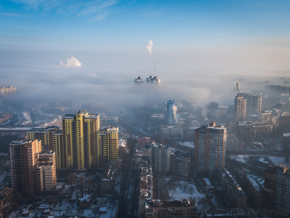 Aerial view of fog/smog today in Kyiv