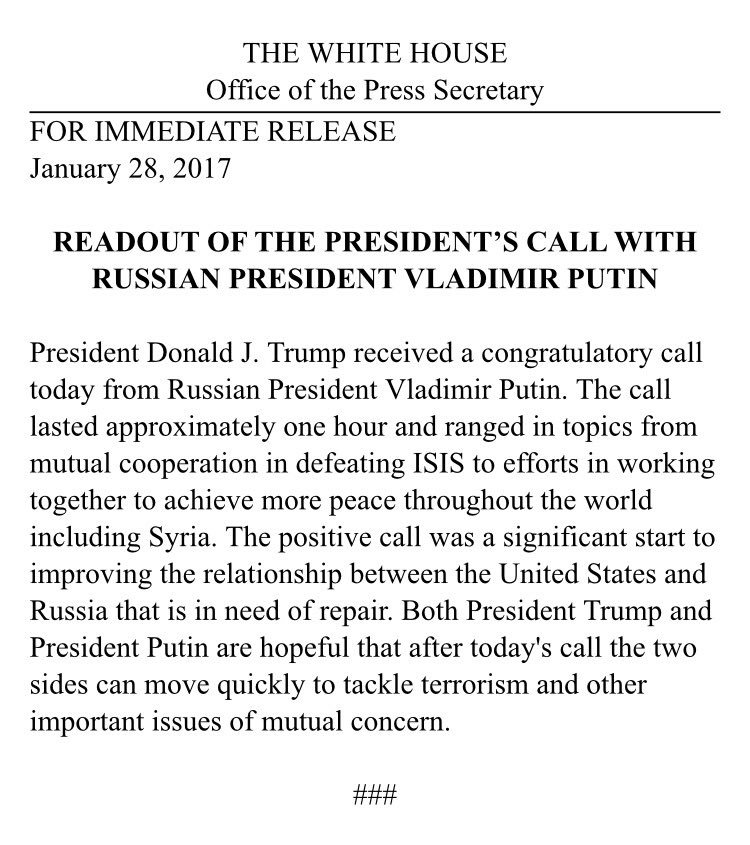 White House readout of Trump's phone call with Putin  