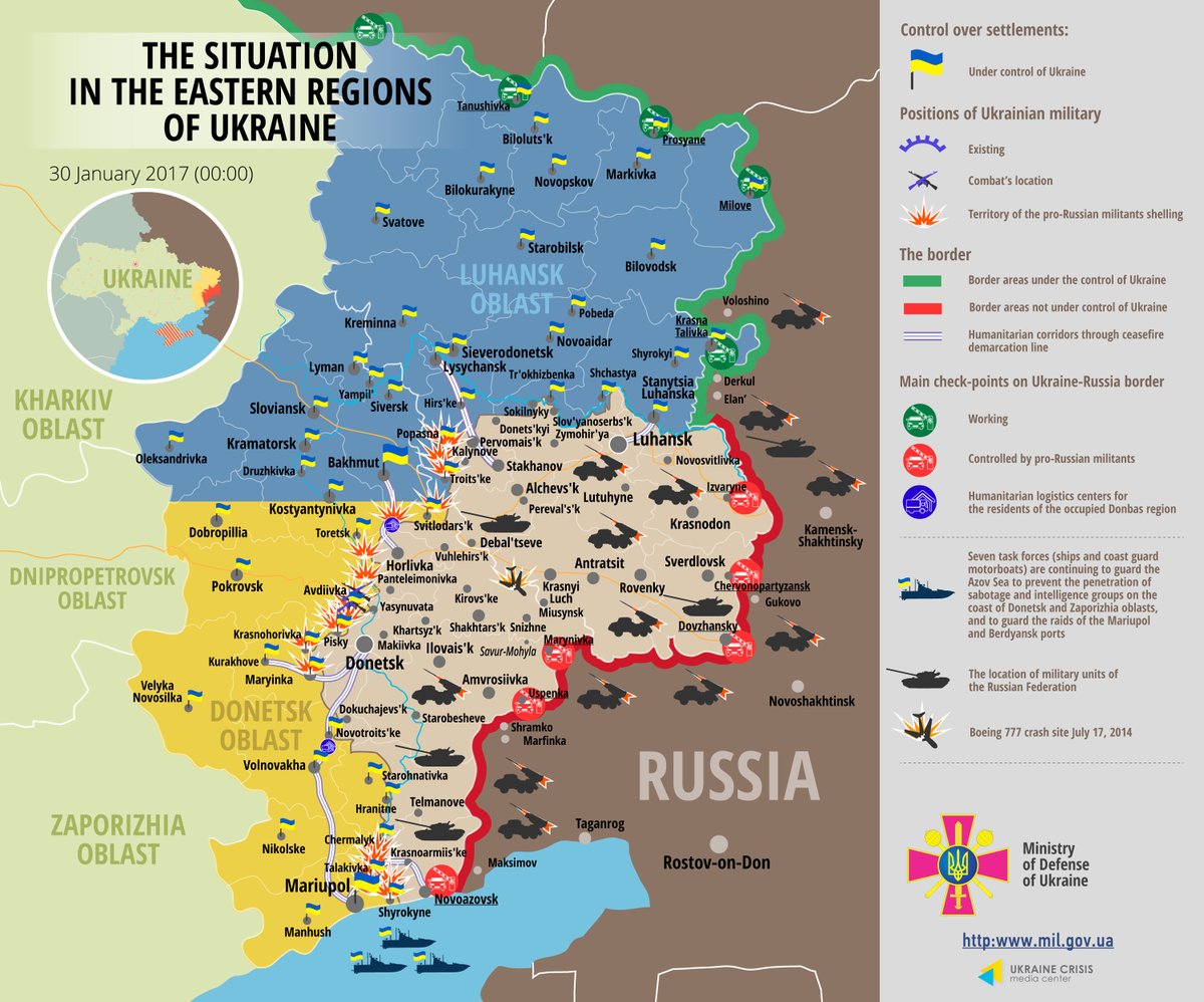 Map. Situation in eastern Ukraine January 30, 2017, 00:00 EET  