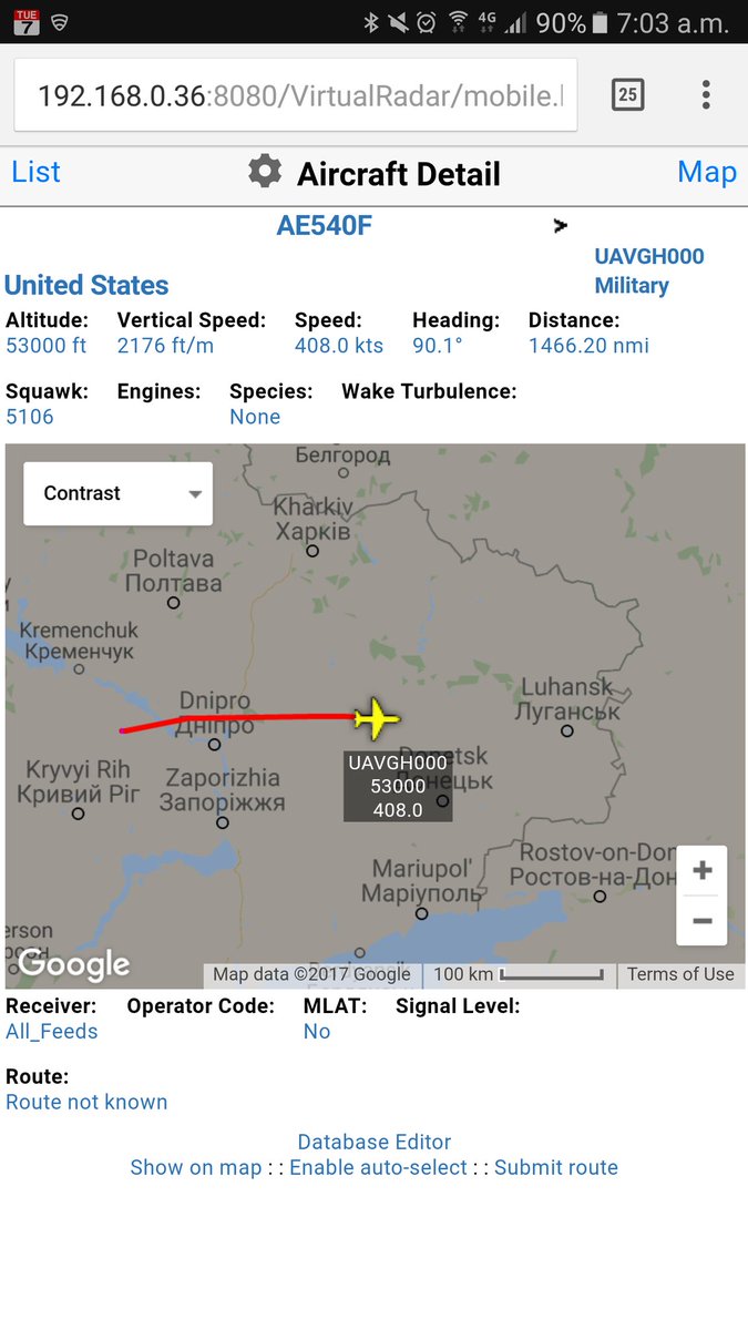 US Air Force Global Hawk UAV drone close to Donetsk, Ukraine at 53,000ft heading towards the Russian border