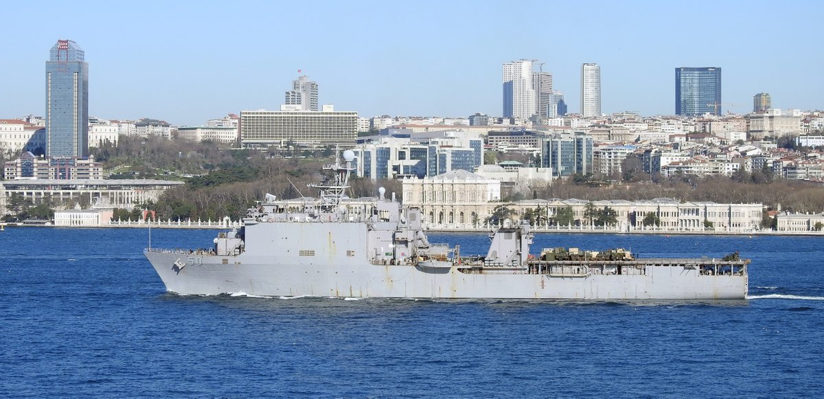 US Navy's Harpers Ferry-class dock landing ship USS Carter Hall LSD-50 southbound on the Bosphorus, returning from the Black Sea.  