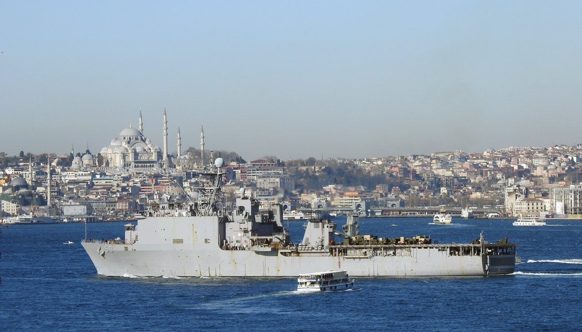 US Navy's Harpers Ferry-class dock landing ship USS Carter Hall LSD-50 southbound on the Bosphorus, returning from the Black Sea.  