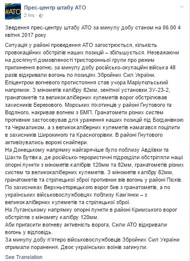 48 attacks on Ukrainian positions yesterday, 2 soldiers were killed, 5 wounded. Army replied to enemy provocations   