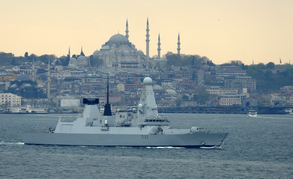 Royal Navy's Type 45 Destroyer HMS Daring D32 northbound on the Bosphorus towards Black Sea with a Wildcat chopper on flight deck.  