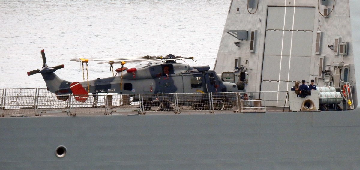 Royal Navy's Type 45 Destroyer HMS Daring D32 northbound on the Bosphorus towards Black Sea with a Wildcat chopper on flight deck.  