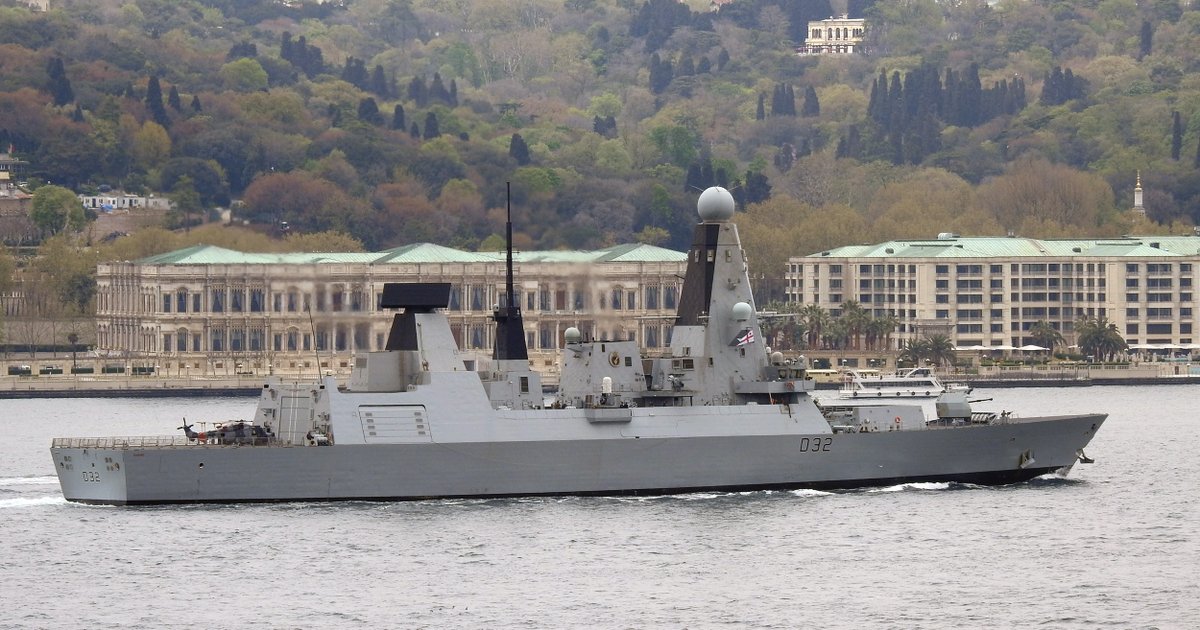 Royal Navy's Type 45 Destroyer HMS Daring D32 northbound on the Bosphorus towards Black Sea with a Wildcat chopper on flight deck.  