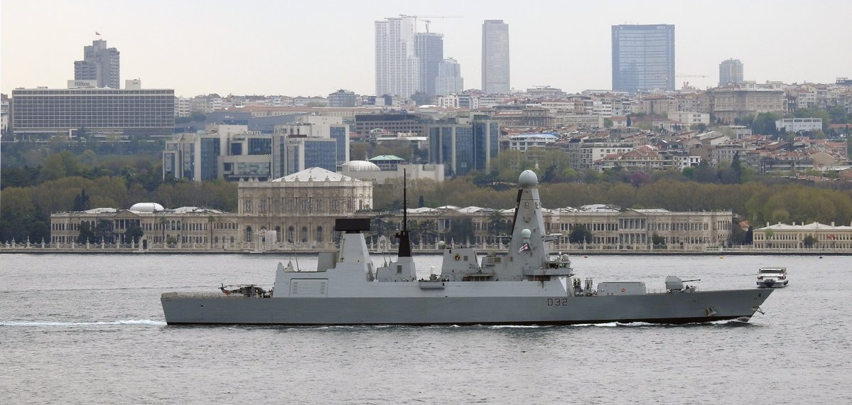 Royal Navy's Type 45 Destroyer HMS Daring D32 northbound on the Bosphorus towards Black Sea with a Wildcat chopper on flight deck.  