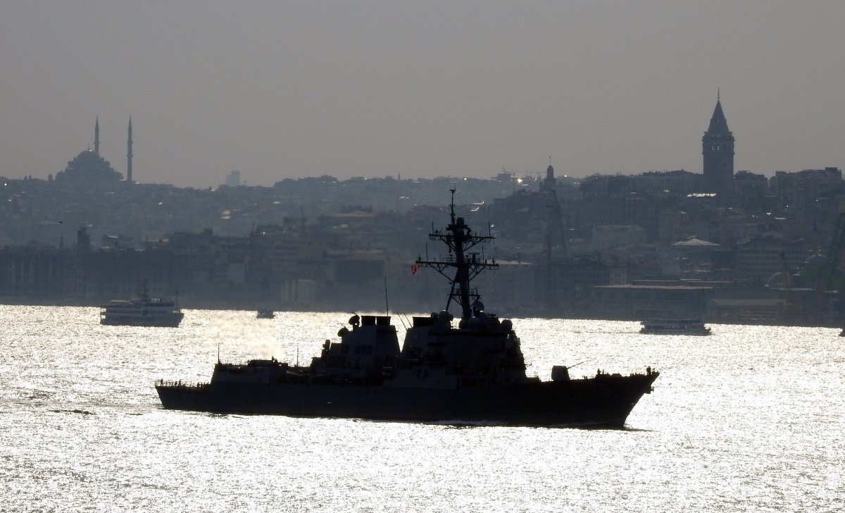 US Navy's Arleigh Burke Class destroyer USS Oscar Austin DDG-79 northbound on the Bosphorus towards the Black Sea