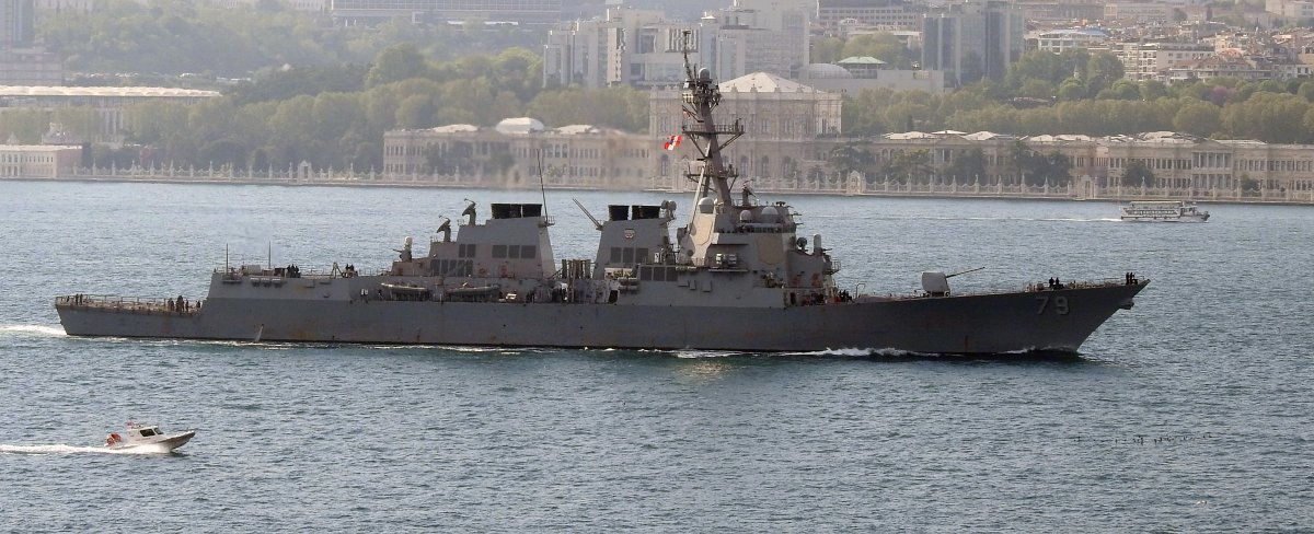 US Navy's Arleigh Burke Class destroyer USS Oscar Austin DDG-79 northbound on the Bosphorus towards the Black Sea