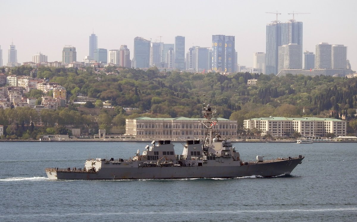 US Navy's Arleigh Burke Class destroyer USS Oscar Austin DDG-79 northbound on the Bosphorus towards the Black Sea