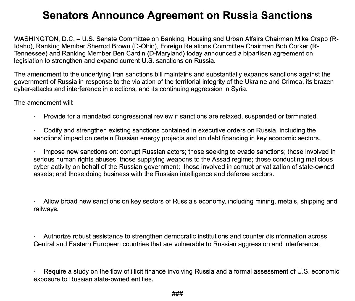 Senators have an agreement on new sanctions against Russia; deal bans Trump from lifting/easing the sanctions without congressional approval  