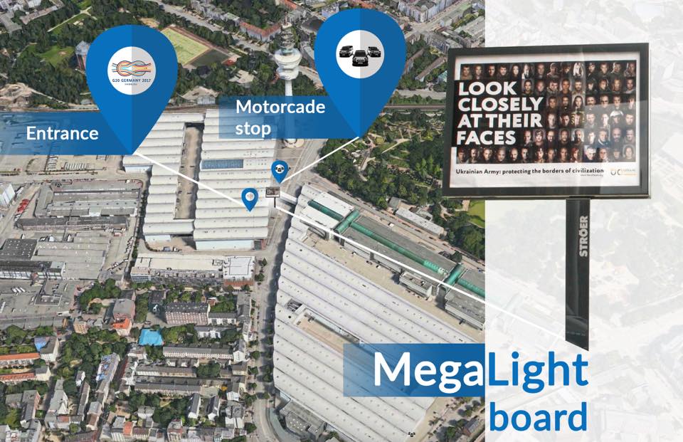 Billboard Look Closely At Their Faces at G20 venue in Hamburg was removed this morning