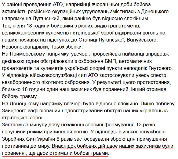 4 Ukrainian soldiers were wounded in 12 attacks on Ukrainian positions yesterday