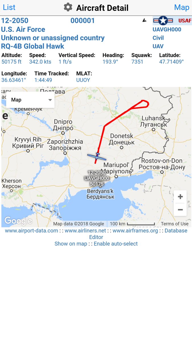 US Air Force  RQ-4A Global Hawk UAV 12-2050 FORTE10   50,000 feet over Eastern Ukraine 