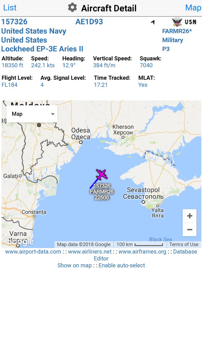 US Navy EP-3E Aries II 157326 FARMR26  Launched from Souda Bay - On task over the Black Sea - West of Crimea 