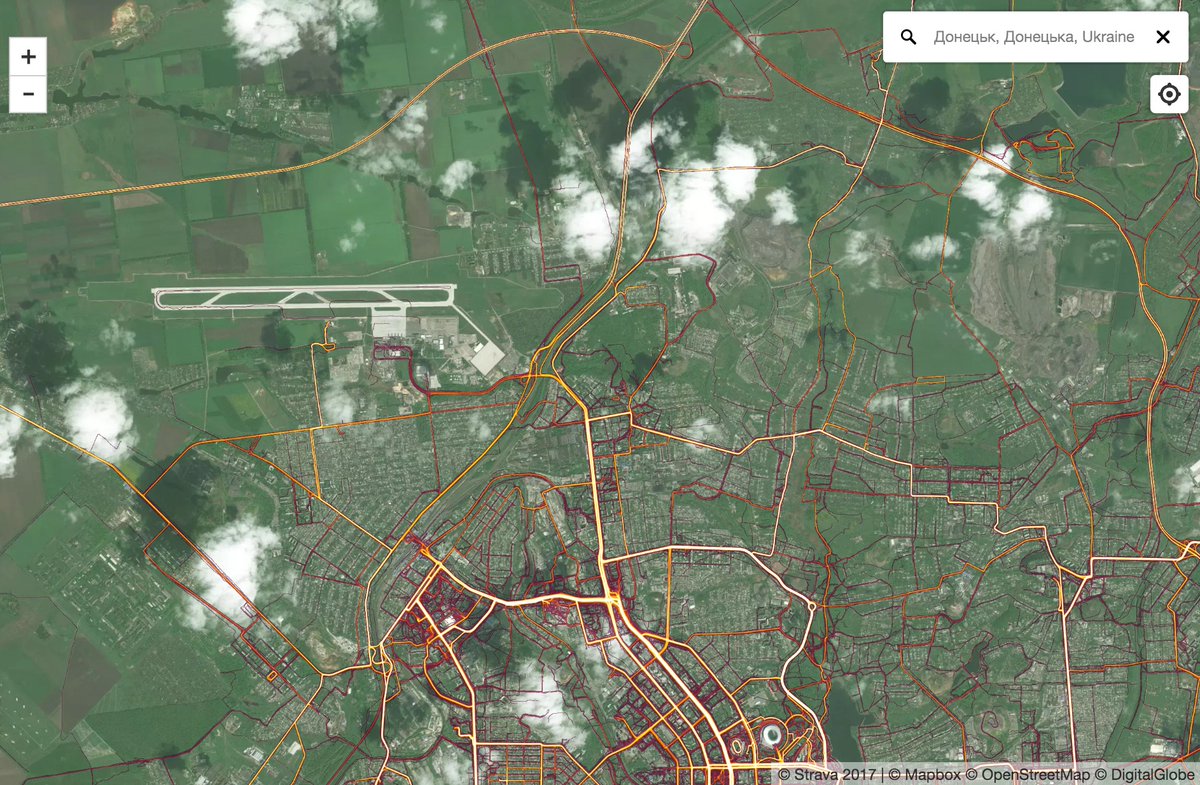 The only people to have access to ruined Donetsk airport these days are Russian and separatist military types. Strava data appears to show their operating area and most-traveled paths to and from key locations.   