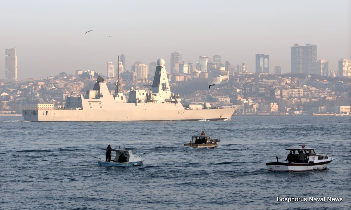 Two more photos from @HMSDuncan. The first shows the destroyer passing under the first (and the oldest) Bosphorus Bridge