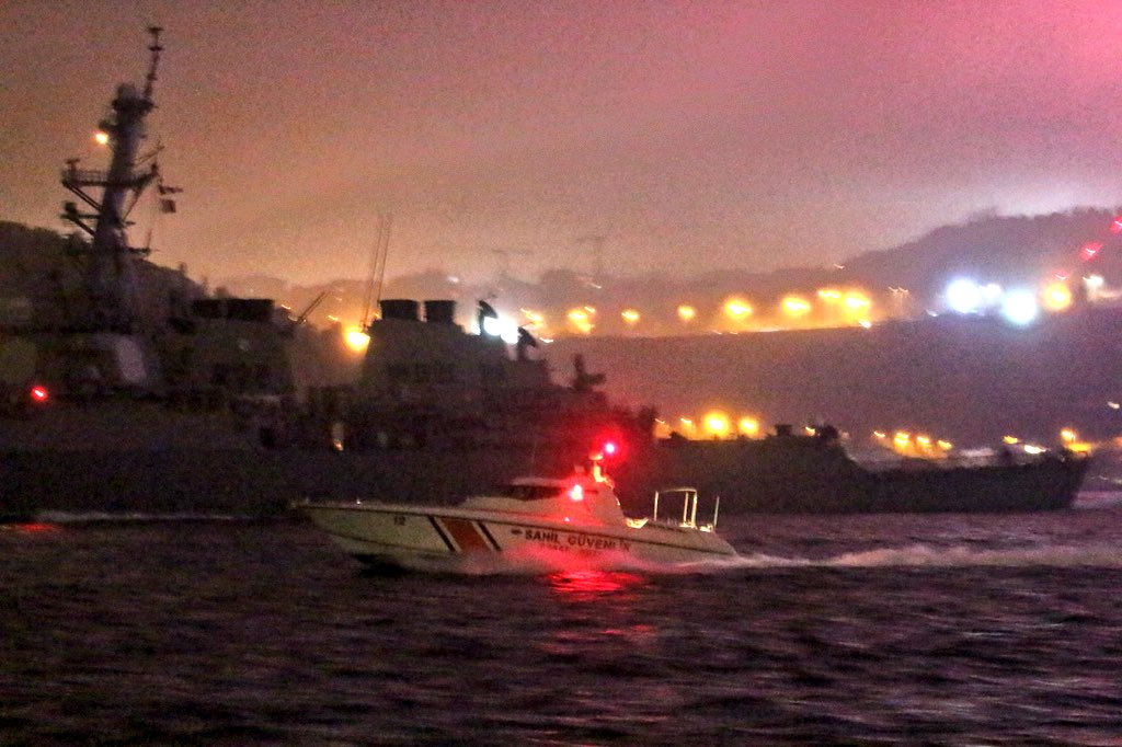 Turkish Coast Guard TCSG12 escorted Arleigh Burke-class AEGIS guided missile @USNavyEurope destroyer USS Ross DDG71 during its BlackSea-bound Bosphorus transit