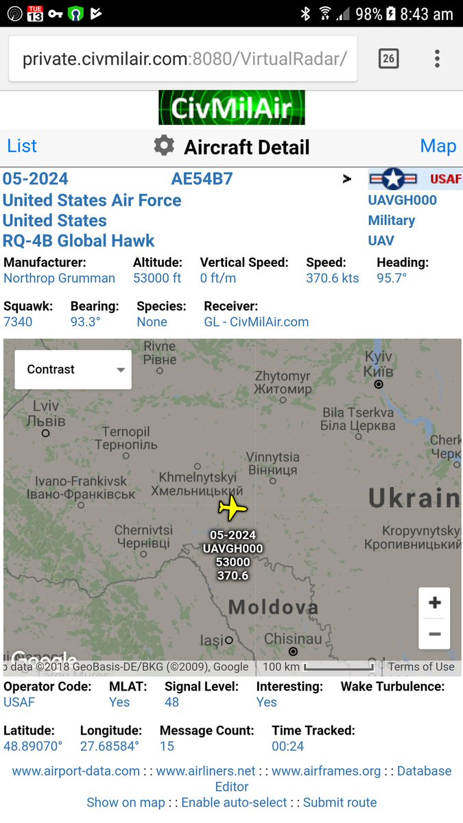 US Air Force RQ-4 Global Hawk UAV drone 53,000ft heading east over Ukraine  