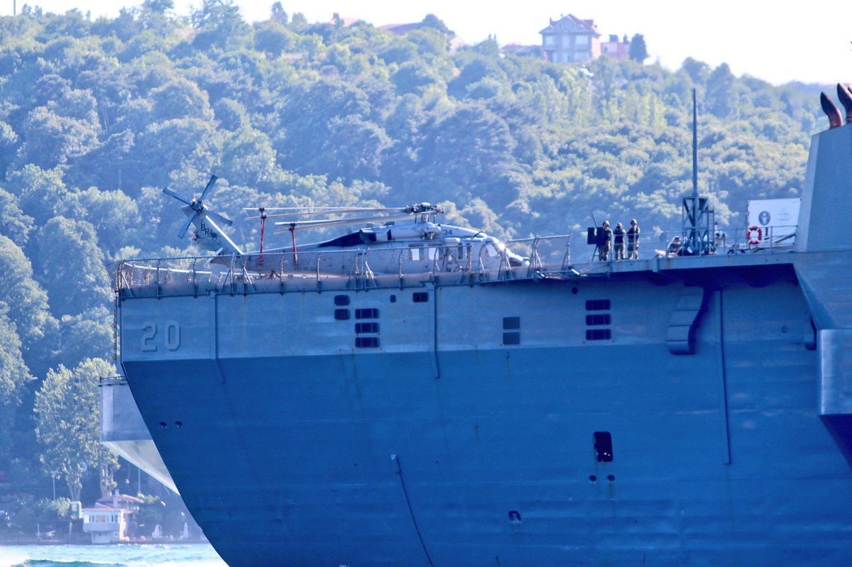 Gaeta based Sixth Fleet's flagship @USNavyEurope command and control ship USS Mount Whitney's Helicopter Sea Squadron MH-60S Seahawk (tail code BR) was on the platform during LCC20's Odessa-bound Bosphorus transit.  