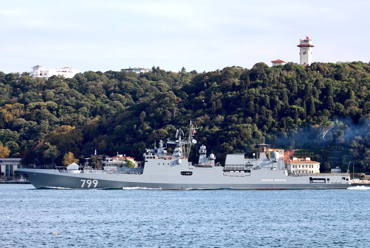 Russia continues to strengthen its Black Sea Fleet: Project11356M Russian Navy BSF's brand new Adm. Grigorovich class frigate Admiral Makarov transits Bosphorus for the first time towards Black Sea. 799 is armed with Kalibr SS-N-27 missiles and DTA-53 533mm torpedoes.   