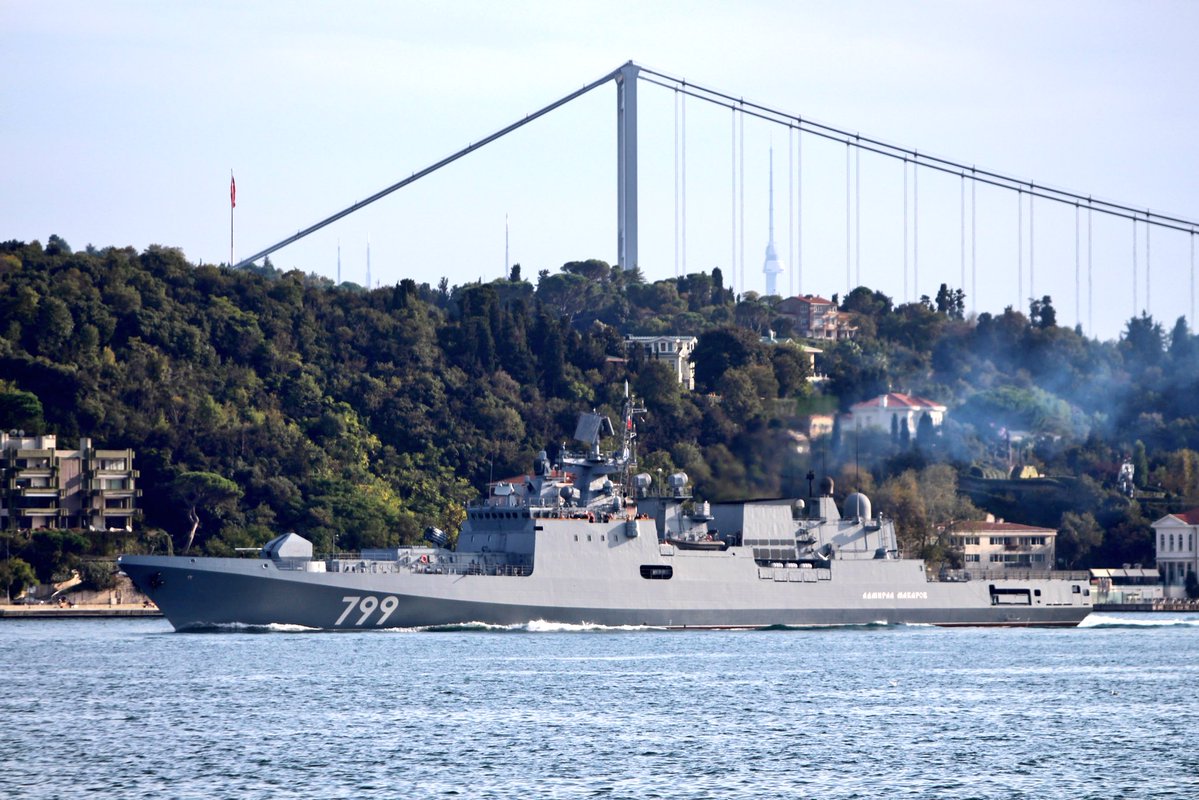 Russia continues to strengthen its Black Sea Fleet: Project11356M Russian Navy BSF's brand new Adm. Grigorovich class frigate Admiral Makarov transits Bosphorus for the first time towards Black Sea. 799 is armed with Kalibr SS-N-27 missiles and DTA-53 533mm torpedoes.   