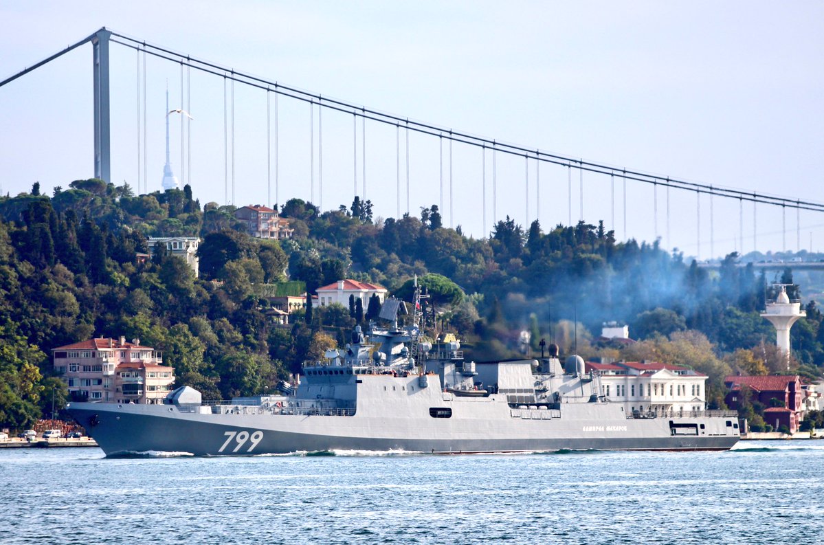 Russia continues to strengthen its Black Sea Fleet: Project11356M Russian Navy BSF's brand new Adm. Grigorovich class frigate Admiral Makarov transits Bosphorus for the first time towards Black Sea. 799 is armed with Kalibr SS-N-27 missiles and DTA-53 533mm torpedoes.   
