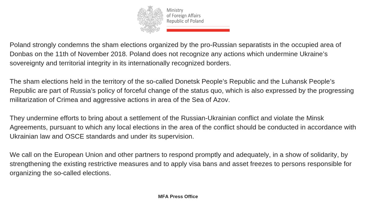 Polish MFA statement on the sham elections in the occupied part of Donbas