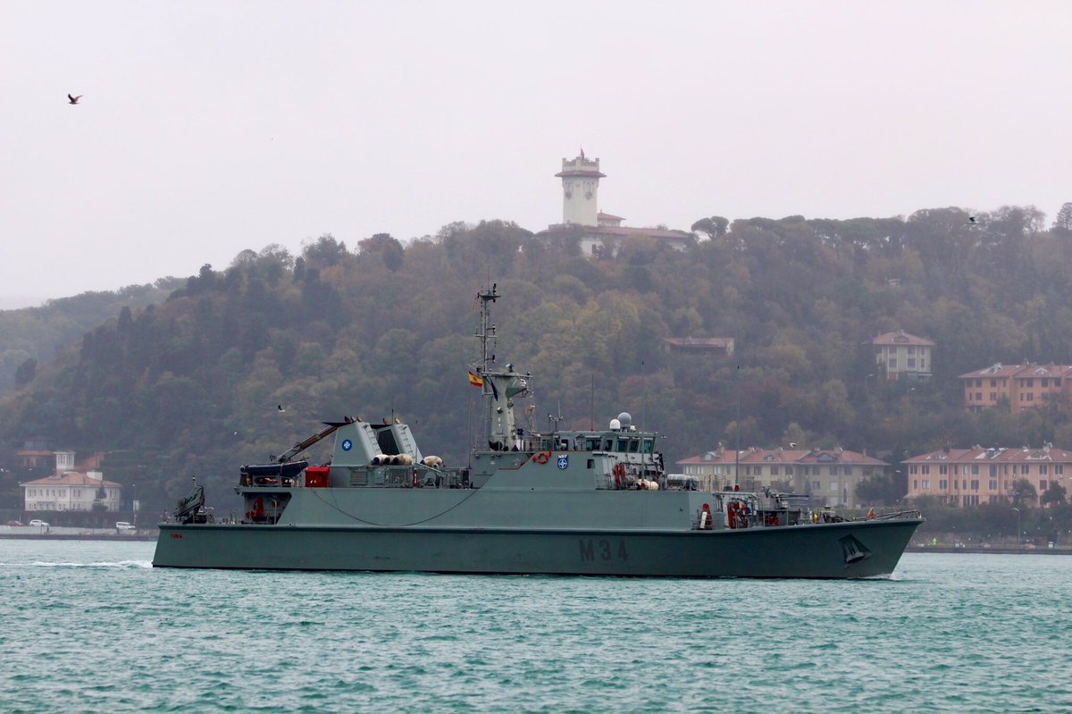 .@SNMCMG2 departs Black Sea after 20 days: NATO SNMCMG2 flagship, German Navy Type 404 Elbe class tender aux FGS Rhein A513 transited Bosphorus towards Mediterranean together with two minehunters, Segura class @Armada_esp SPS Turia and Turkish Navy Engin (x-Circé) class TCG Erdemli   