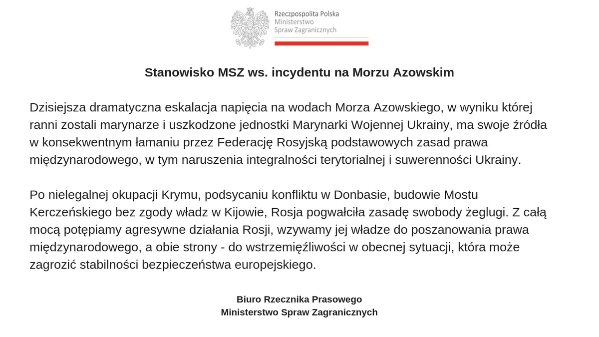 Poland has strongly condemned Russia's aggressive actions against Ukrainian Navy