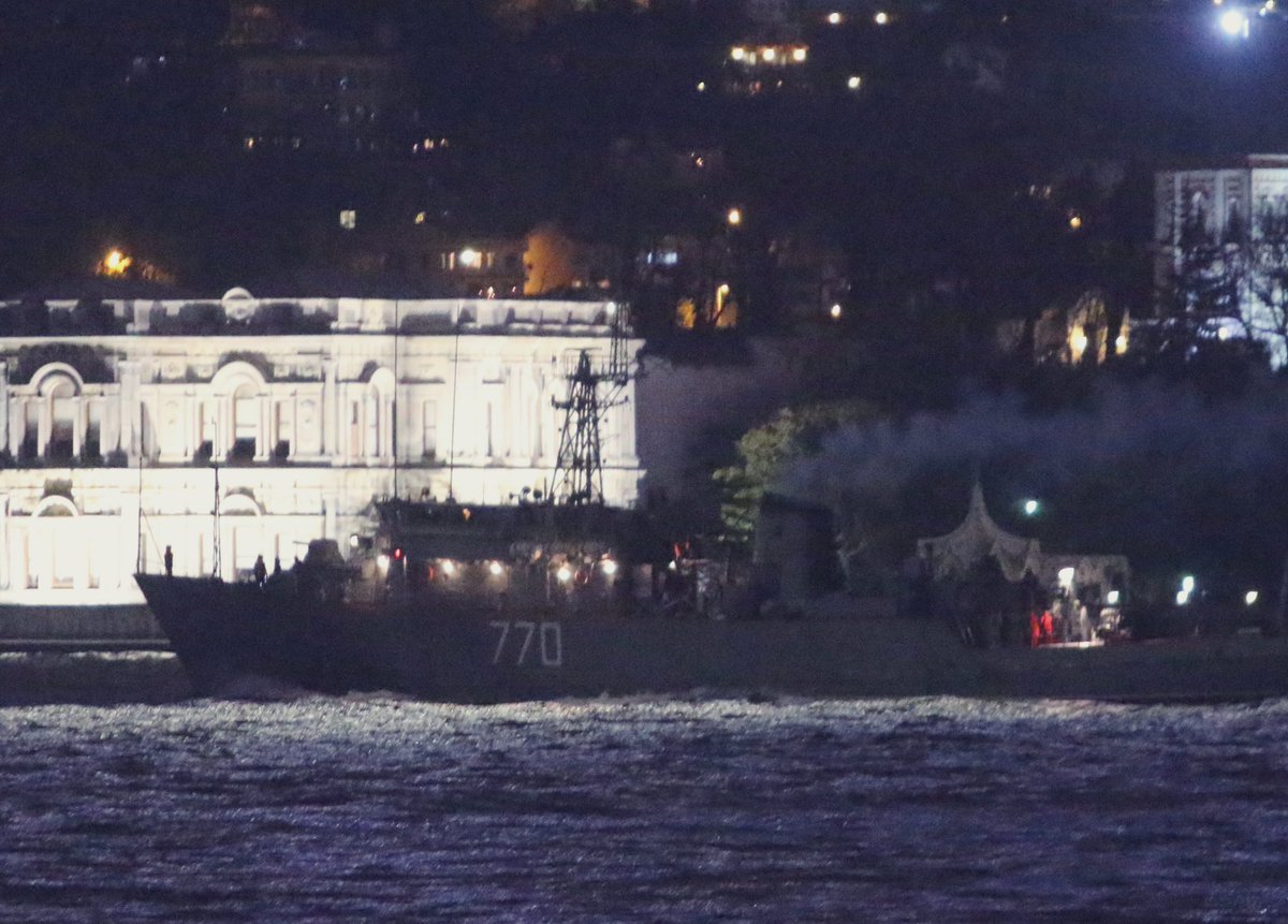 4 Russian Navy BSF ships transited Bosphorus together after sunset: Russian Navy Project712 Sliva class tug Shakter; Project 21980 Grachonok class counter-sabotage craft Kadet; Project 266M Natya 1 class minesweeper Valentin Pikul and Project 18280 Adm Yuri Ivanov class AGI Ivan Khurs   