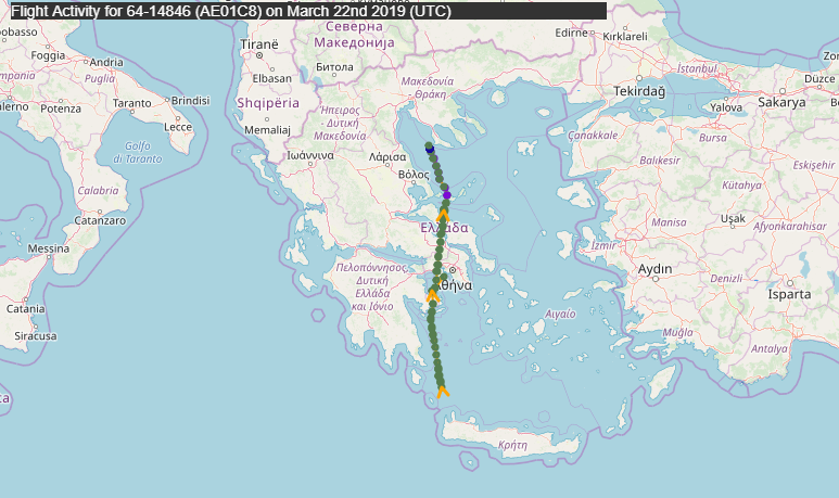 DINT41 6414846 USAF RC135V RivetJoint, crossing Black Sea southwest - departed from Souda Bay at 0640z. Possibly completed surveillance mission over Crimea area. 