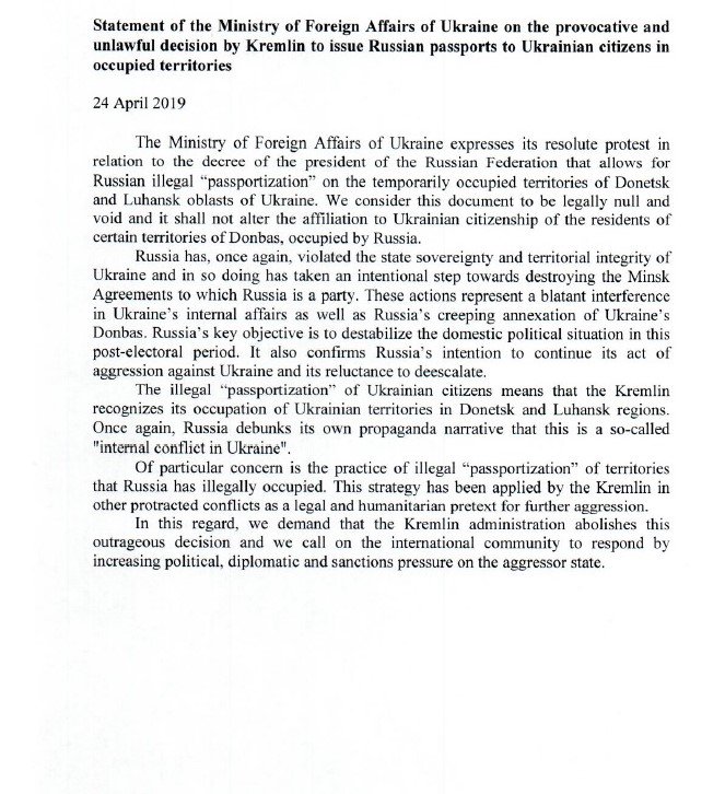 .@YelchenkoUN in a letter to UNSG: the decision by @KremlinRussia_E to issue Russian passports to Ukrainian citizens in the occupied territories of Ukraine is null and void.  Ukraine calls on the international community to respond by increasing pressure on Russia. 