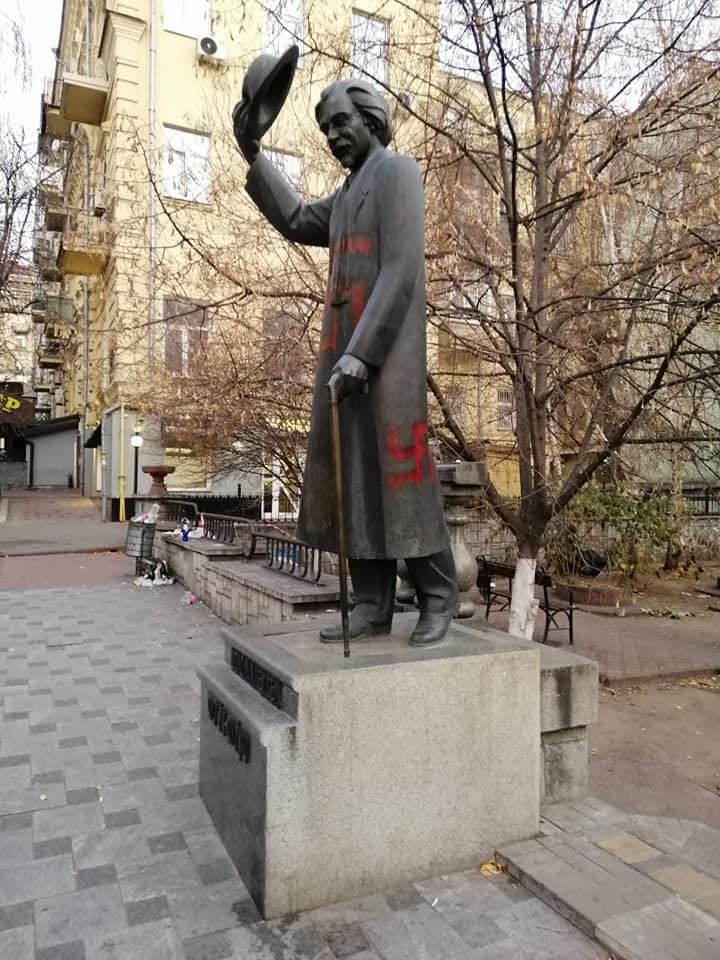 In Kyiv, a statue of Sholem Aleichem, the Jewish writer whose short stories formed the basis for Fiddler on the Roof, has been daubed with swastika graffiti. 