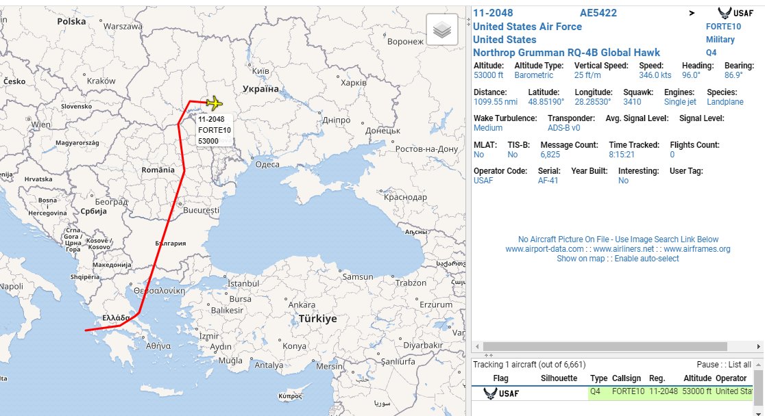 FORTE10 112048 USAF RQ4B Global Hawk UAV out of Sigonella, coming on station over Donbas region of eastern Ukraine for high-altitude surveillance mission. 0952z