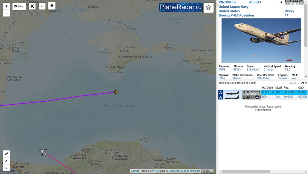 Black Sea/Crimea US Navy P8 Poseidon AE6841 USAF RC-135W Rivet Joint WALLA11