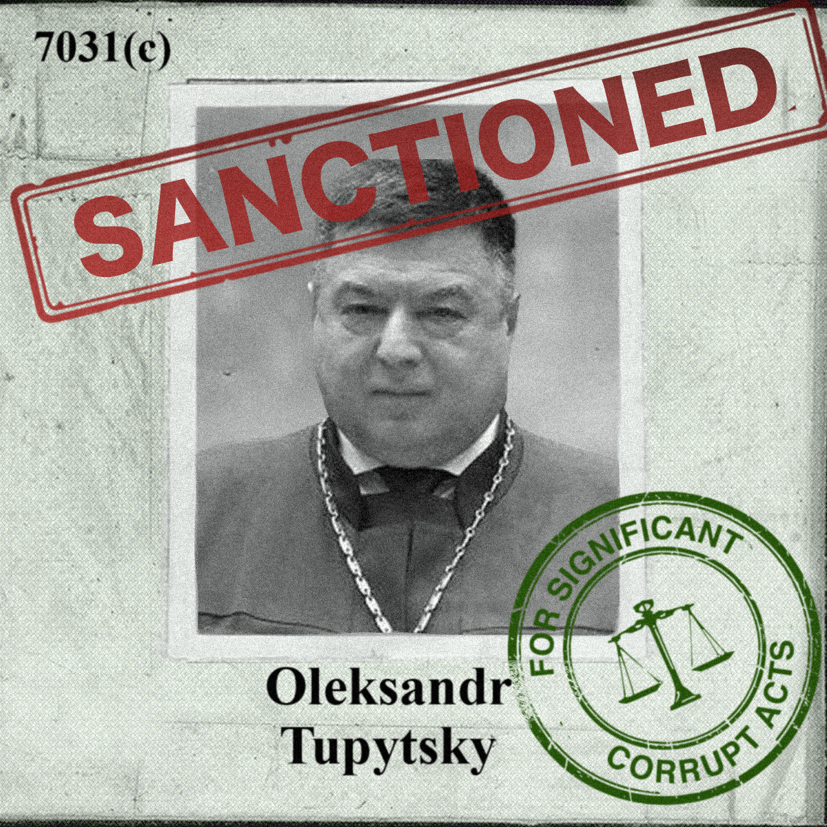 The Department of State is designating Oleksandr Tupitskyi for significant corrupt acts, including acceptance of a bribe while serving in the Ukrainian judiciary. His spouse was also designated