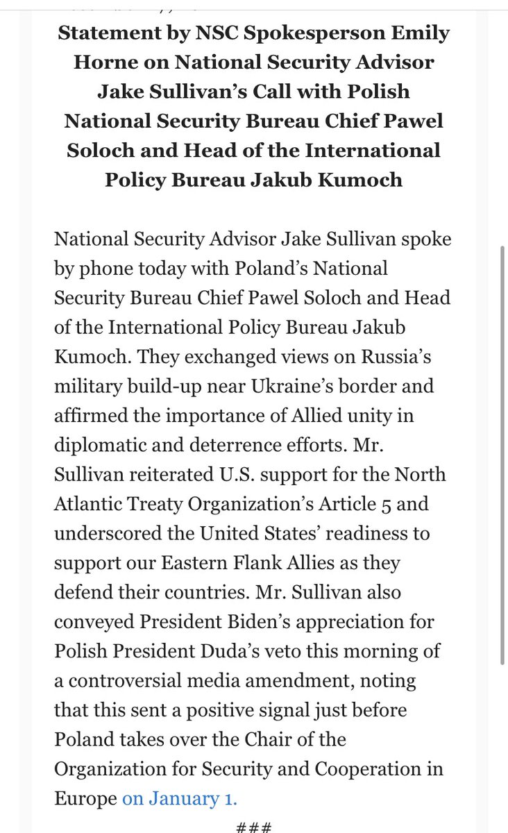 In a call today with his Polish counterparts, NSA Jake Sullivan discussed Russia's military buildup near Ukraine and reiterated U.S. support for NATO's Article 5 and underscored the United States' readiness to support our Eastern Flank Allies as they defend their countries