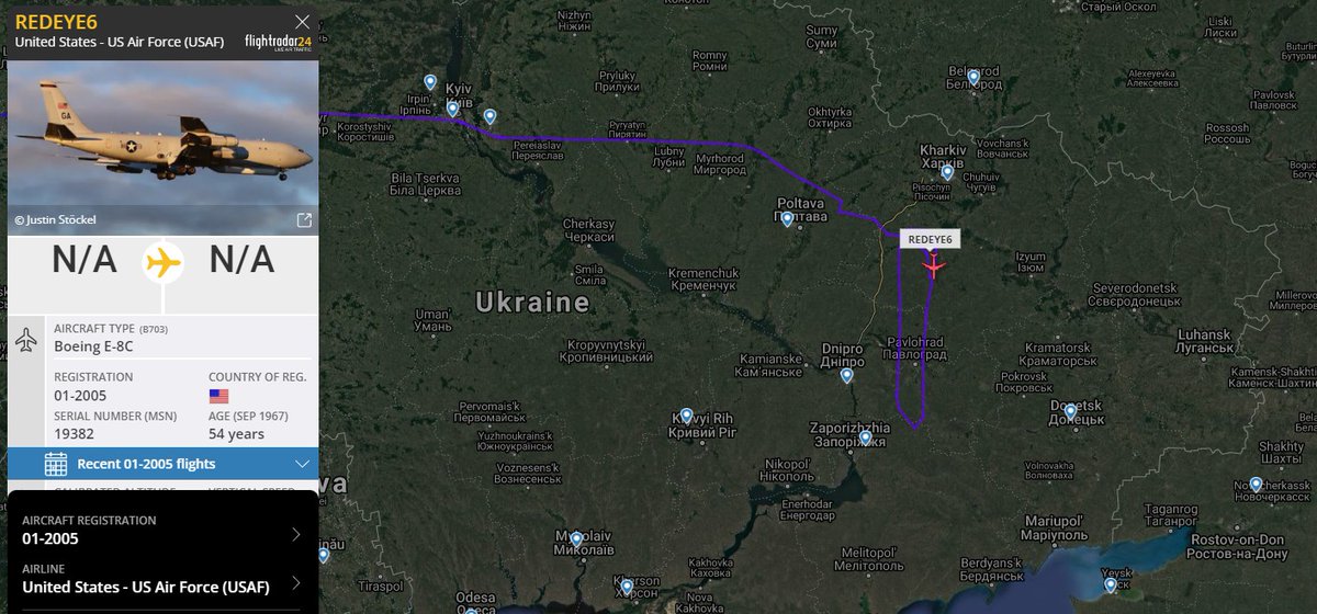 1310 UTC: US Air Force E-8C JSTARS (Joint Surveillance Target Attack Radar System) electronic warfare aircraft on reconnaissance in eastern Ukraine