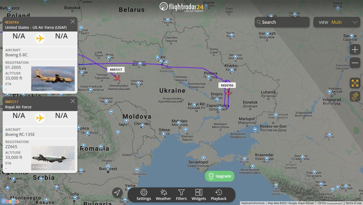 Reconnaissance flights over Ukraine: USAF E8C Joint STARS orbiting over Ukraine; RAF RC-135W Rivet Joint en route to the Black Sea